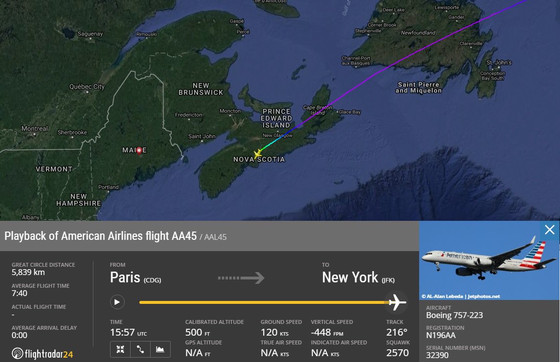AirportWebcams's tweet photo. American #AA45 Paris CDG-New York JFK (757 N196AA) just dep. Halifax after diverting in at 1600UTC. https://t.co/j2Vqni0LPT https://t.co/tkrFYxVtxS