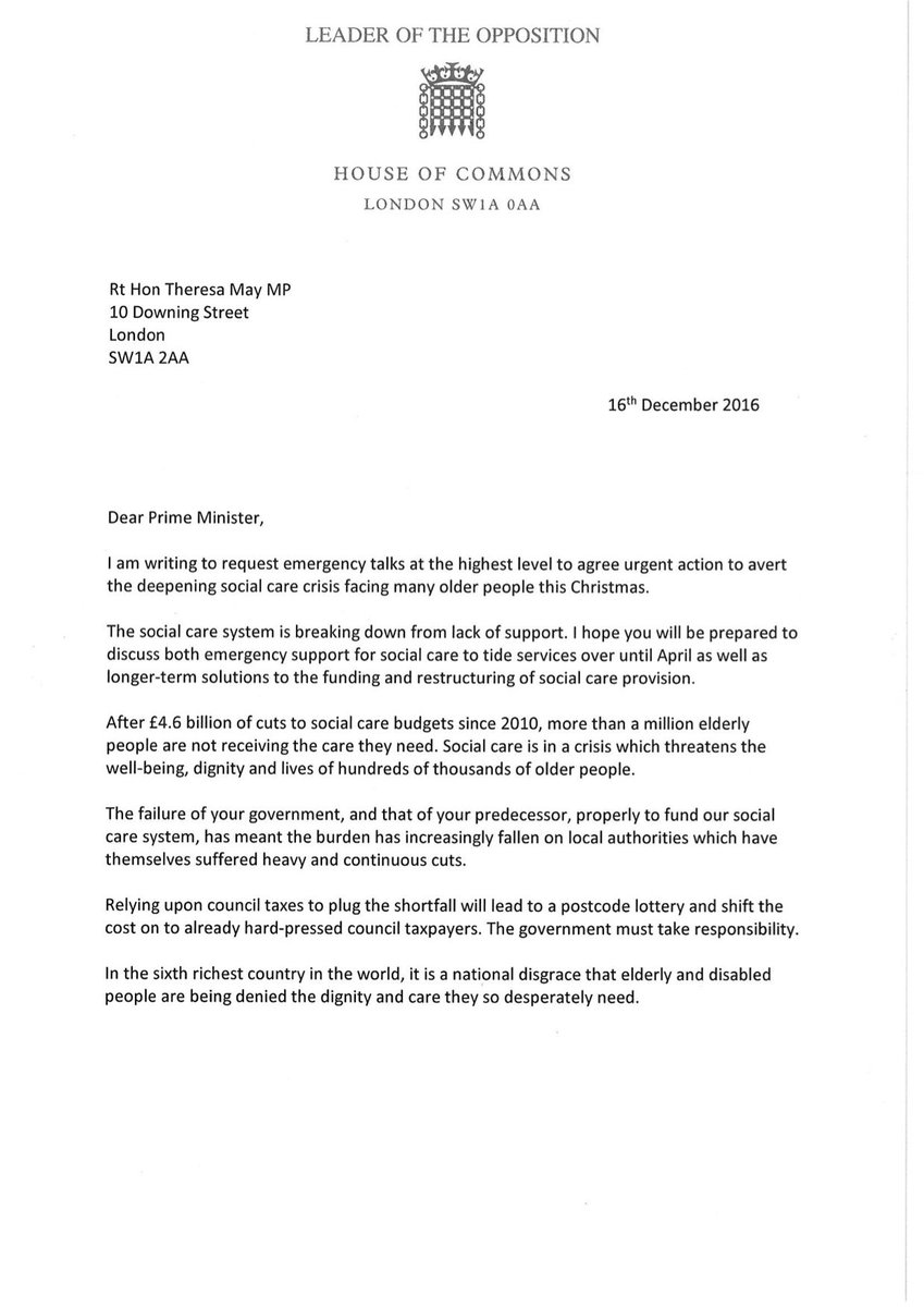 jeremycorbyn's tweet photo. I've proposed to @theresa_may that we hold urgent meeting to discuss emergency support for social care over winter and longer-term solutions https://t.co/7v7TMVH1yy