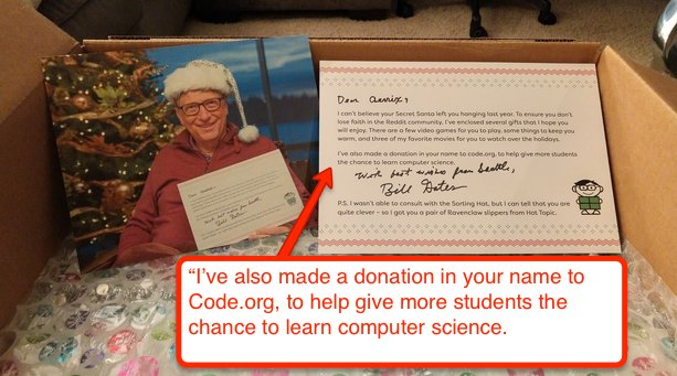 Reddit user gets Bill Gates as her Secret Santa, and she's 'blown away' by  the awesome gifts he sent – GeekWire