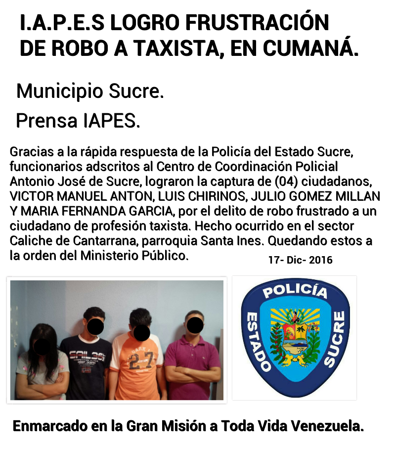 IapesOficial's tweet photo. #IAPES Logro frustración de robo a taxista en #Cumaná. Municipio Sucre. #TuSeguridadEsPrimero. https://t.co/AfcswjjUp8