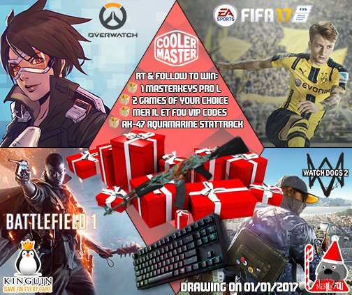 MERILETFOUfr's tweet image. 🎁#ChristmasGiveaway🎁

🎁2 games between #Overwatch #Battlefield1 #FIFA17 #WatchDogs2
🎁1 ak-47 ST
🎁1 Masterkeys Pro L
🎁VIP Codes

🔥RT+Follow🔥