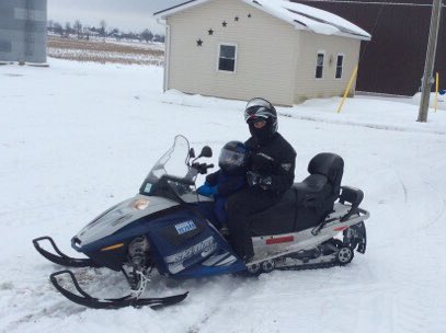 Norman's first ride. We've sat on it everyday since buying in May. Was a long wait but worth it! He's hooked. #sledderforlife #mybomobile