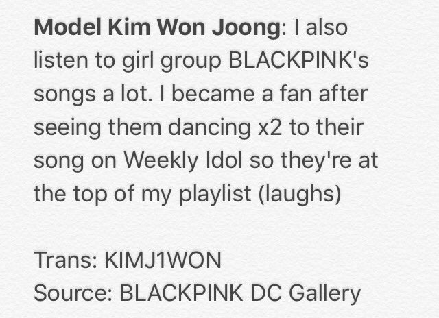 BlackPINK_TH's tweet photo. นายแบบ คิม วอนจุง เผยว่าเขาเริ่มเป็นแฟนคลับสาวๆ #BLACKPINK หลังจากดูรายการวีคลี่ไอดอลด้วยค่ะ 😊 
eng trans:KIMJ1WON https://t.co/7iYsR5UTuI