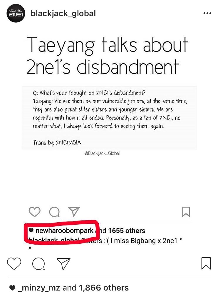 LT_2NE1's tweet photo. Minzy and Bom liked this post about Taeyang's comment on 2NE1's disbandment 😭😢 https://t.co/FPaH5HedQq