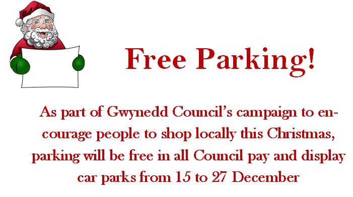 CyngorGwynedd's tweet image. Free parking from 15-27 December. Details attached or you can read more here: socsi.in/dHgaS