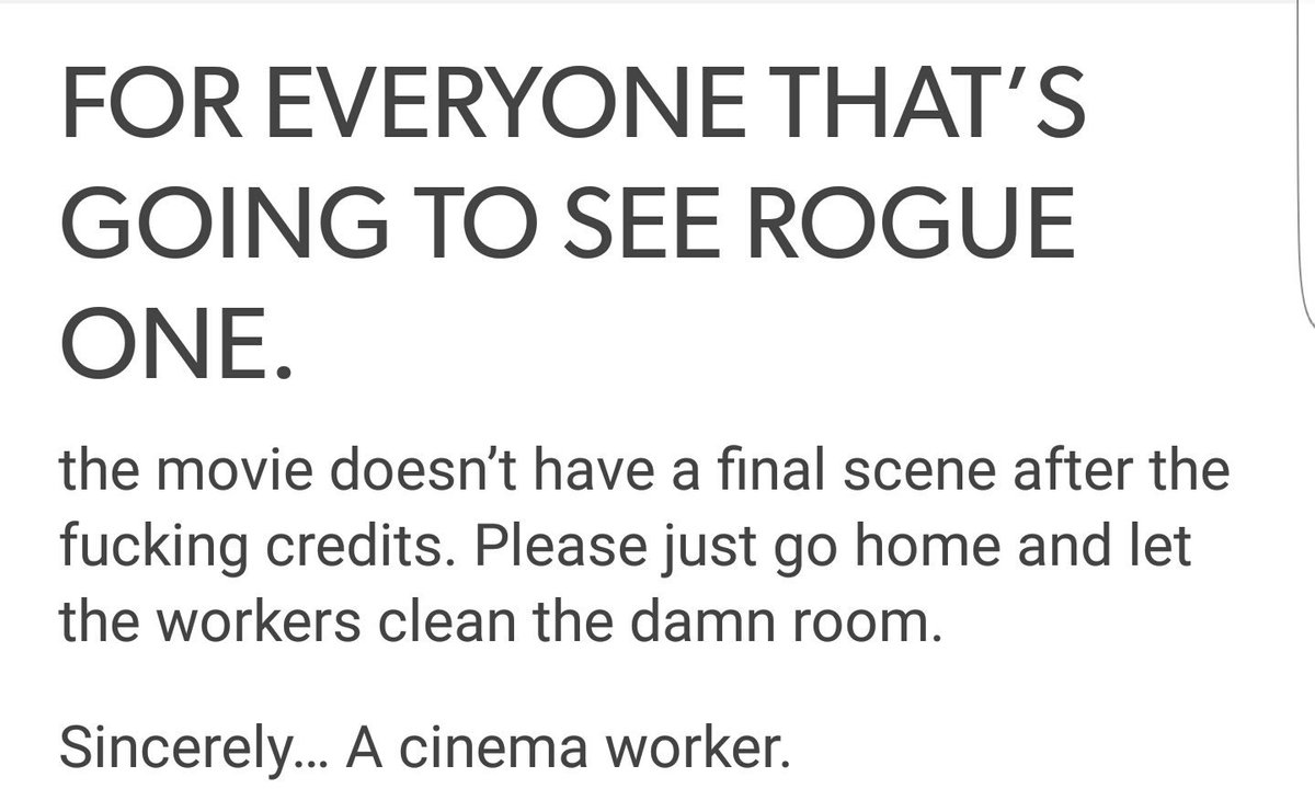 TheRealCyberelf's tweet image. I promised the cinema workers I would tweet this...

#RogueOne 
Please retweet.