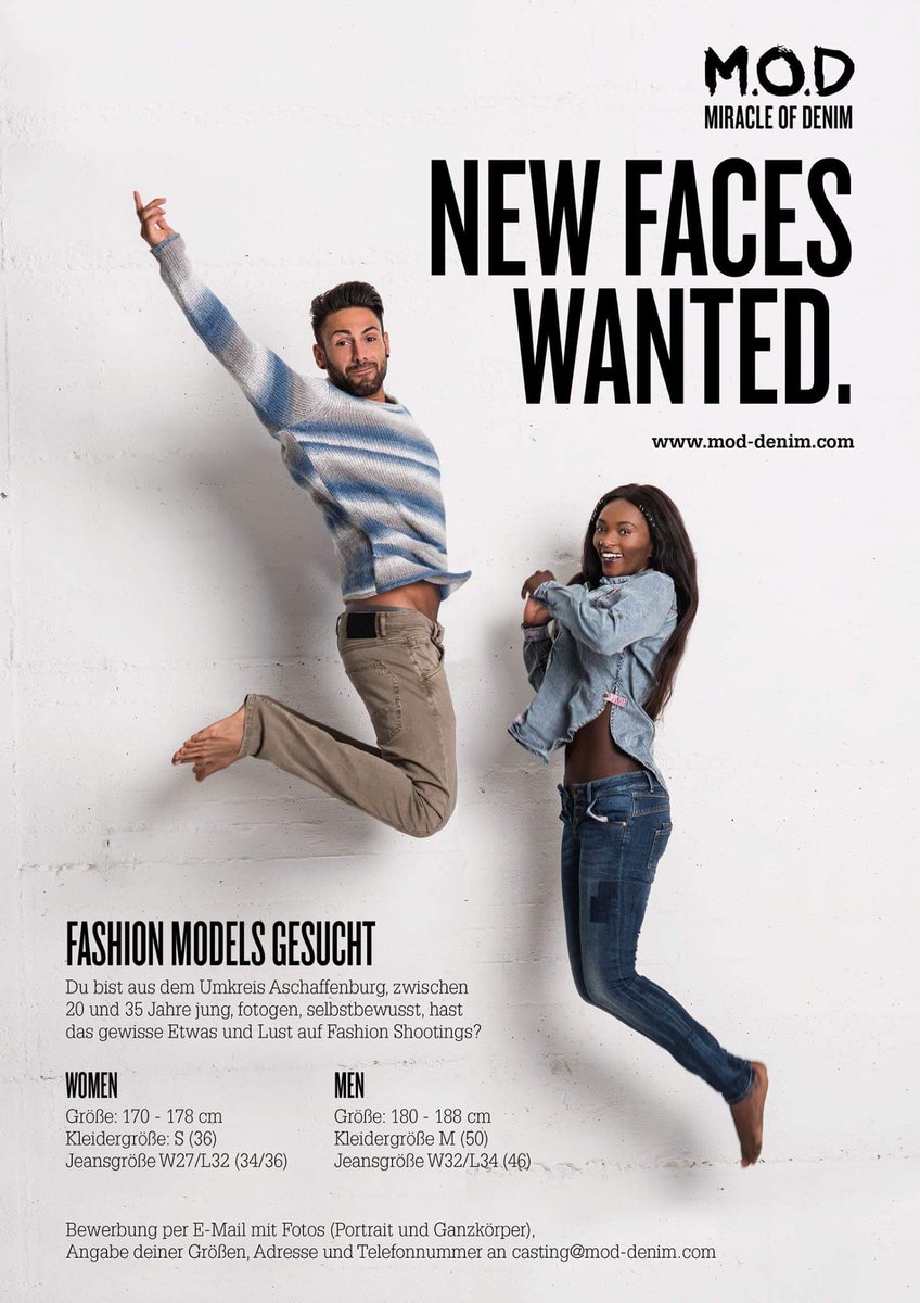 #modelcasting 
du bist aus #Aschaffenburg + Umkreis
20-35 Jahre, fotogen, selbstbewusst:
Bewerbung an casting@mod-denim.com
