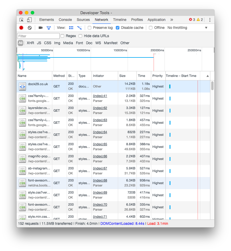 A *single-page* static site for a local restaurant. 152 requests, 11.5MB, 3.1min load. Developed by a professional development company :(