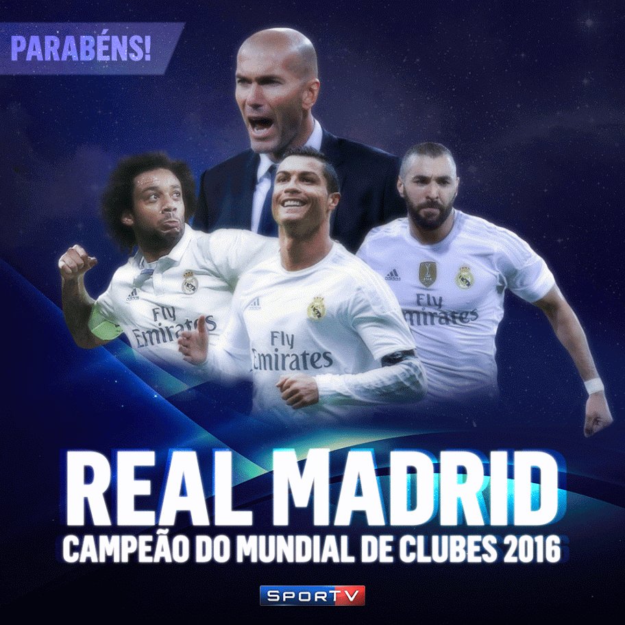 sportv's tweet photo. O Real Madrid é Campeão Mundial! Com hat-trick do #mito CR7, o clube merengue tornou-se o maior campeão do torneio! #FutebolMundial https://t.co/nzTsVwl9u4