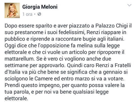GiorgiaMeloni's tweet photo. #Renzi: basta 1 articolo x riproporre #Mattarellum. Se è così bastano 2 settimane x approvarlo. Per noi va bene andare a #elezionisubito. ST https://t.co/G8iJyOcCQa