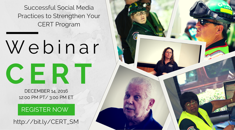 MaryJoFly's tweet photo. Sign up for the webinar 12/14/16 on using Social Media to Strengthen your #CERT program #CERT30 @allen_emilym https://t.co/2W2YZVl7Wp https://t.co/okPb7w1ZCs