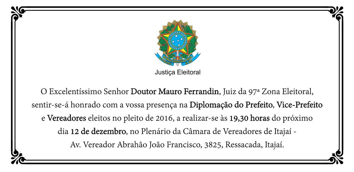 afonso_arruda's tweet photo. Prefeito, Vice-Prefeito e Vereadores eleitos serão diplomados no dia 12 de dezembro. 
https://t.co/9Mi6pDVye4 https://t.co/2mRJlTtTn8