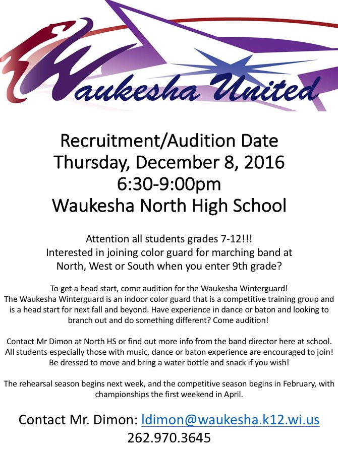 Looking for a few more 7-12 graders in the <a href="/waukeshaschools/">Waukesha School Dist</a> to fill up winterguard <a href="/ButlerMiddleSDW/">Butler Middle School</a> <a href="/HorningMiddle/">Horning Hawks</a> <a href="/LesPaulMS/">Les Paul MS</a>