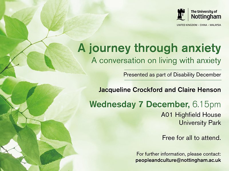 UniofNottingham's tweet photo. Join @UoNPandC tomorrow for a frank conversation about living with anxiety. All welcome https://t.co/mLtiX2GZ4o https://t.co/NVfMcaJ6Kt