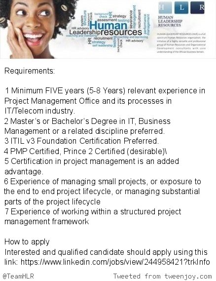 TeamHLR's tweet image. Huawei is recruiting to fill the below job position
Job Title: PMO Manager
Location: Lagos