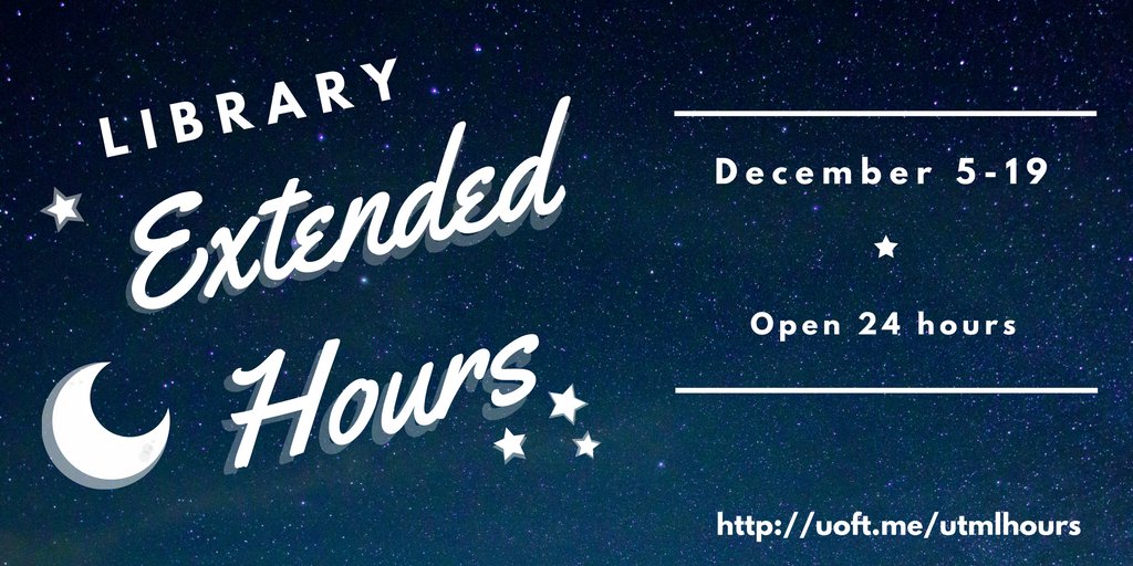 UTMlibrary's tweet photo. Need a safe and quiet place to study for exams? The #UTMLibrary is now open 24 hours a day! @UofTMississauga #UTM https://t.co/vsjFoFgewz
