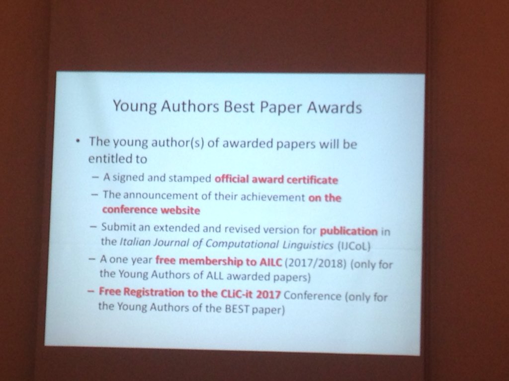 DH_FBK's tweet photo. Time for the young authors best paper awards: congratulations to all the winners! #CLiCit2016 https://t.co/b63Cnyg3x4