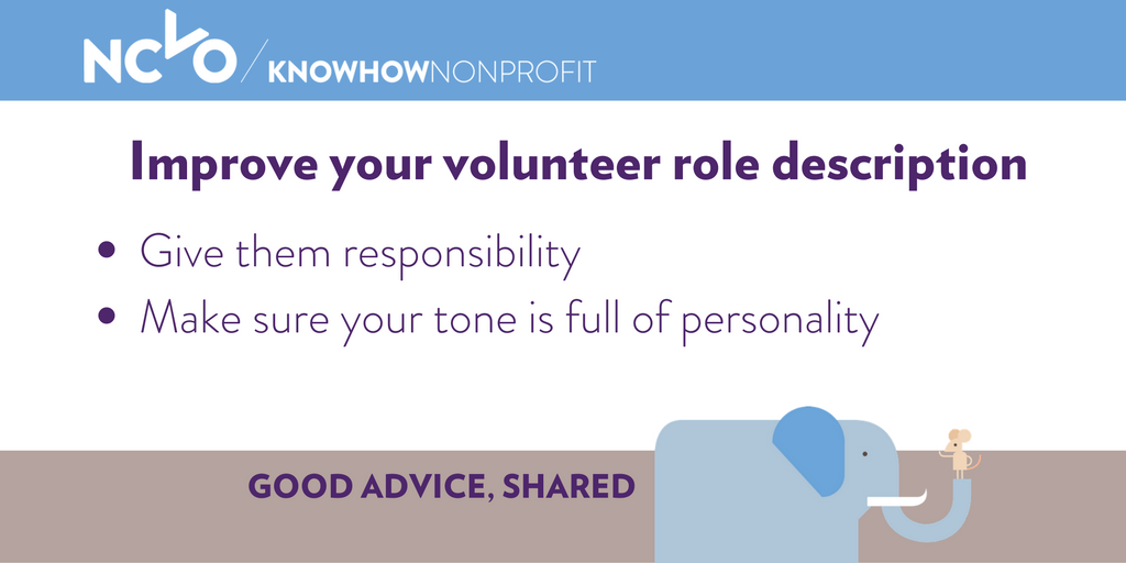 NCVO's tweet photo. Get potential volunteers excited about your org with a winning volunteer role description: https://t.co/yYLF7bTdMv https://t.co/P1q89iFGhl