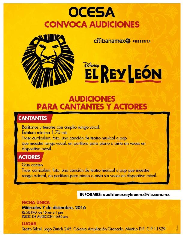 #AUDICIONES ¡<a href="/ElReyLeonMexico/">El Rey León</a> busca cantantes y actores!

Única fecha: 7 de diciembre en el <a href="/Teatro_Telcel/">Teatro Telcel</a>