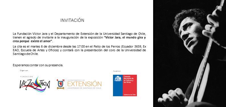 extensionusach's tweet photo. Hoy recordamos a Víctor con la Expo "Victor Jara, el mundo gira y crea porque existe el amor" de @FundVictorJara. Canta Coro U. de Santiago https://t.co/CO0JHC8heV