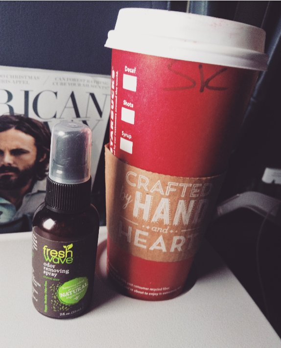 PassengerShame's tweet photo. Two things I can't travel without; @Starbucks (obvi) & @fresh_wave (because people gross af). #oneflightdownonetogo https://t.co/13DW6jIkdo