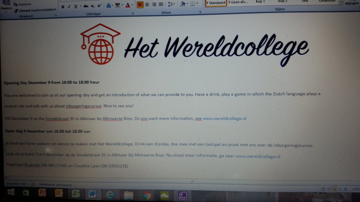 Dagje Alkmaar om <a href="/Wereldcollege/">Het Wereldcollege</a> te promoten. Folders liggen bij div instanties. Open dag 9 dec,  wereldcollege.nl met <a href="/ClaudineLaan/">Claudine Laan</a>