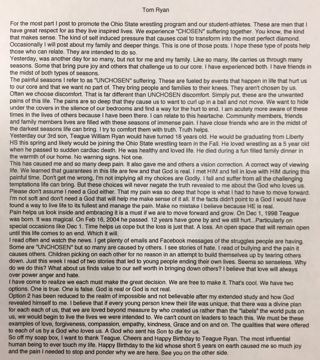 A phenomenal message from my good friend and national champion wrestling coach Tom Ryan. A great read from an incredible man of faith!