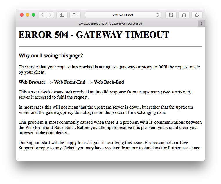 miracoran's tweet photo. Getting 504 errors from your site this morning, @eve_meet. @arielrin @BamStroker https://t.co/XZI1QSiyrI