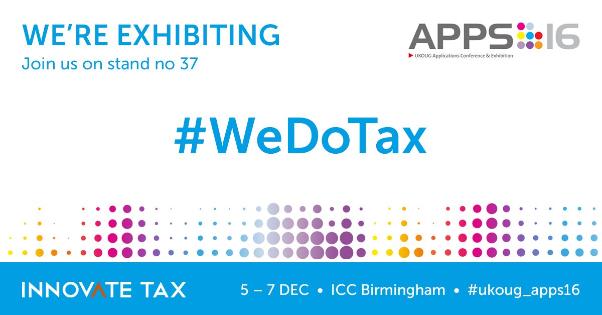 innovatetax's tweet photo. Talk to our #eBTax experts on stand 37 at #ukoug_apps16 for global indirect tax solutions, total compliance & guaranteed savings #wedotax https://t.co/jWqFkOWNZq