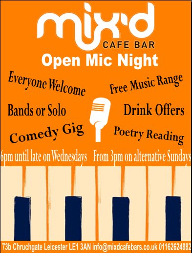 #OpenMicNight tomorrow night <a href="/mixdcafebar/">Mix'd Cafe Bar</a> on #Churchgate in #Leicester
#freeentry #freeparking #livemusic ##wednesday #dmu #uol #acoustic