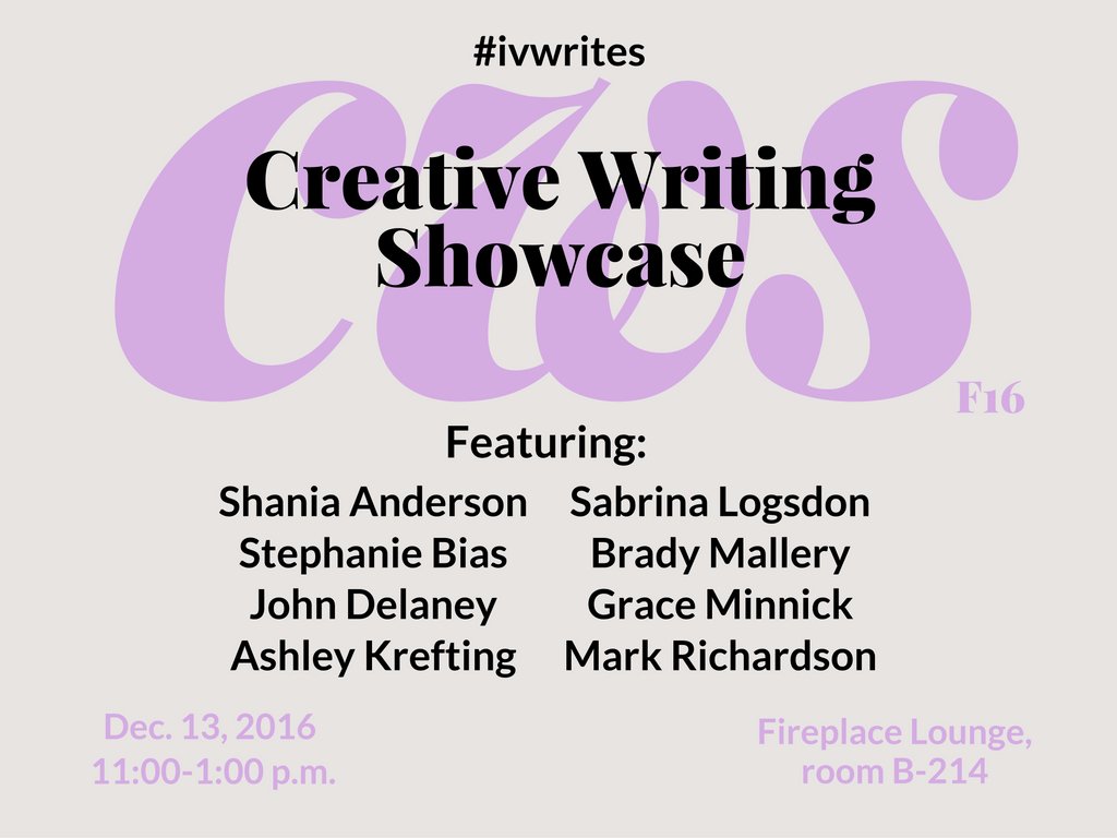 tlee329a's tweet photo. Celebrate the talent of this semester's #IVCC creative writing class! Tue. Dec. 13 at 11:00 AM in the Fireplace Lounge. #ivwrites #leecw https://t.co/pM7X5xbtMh
