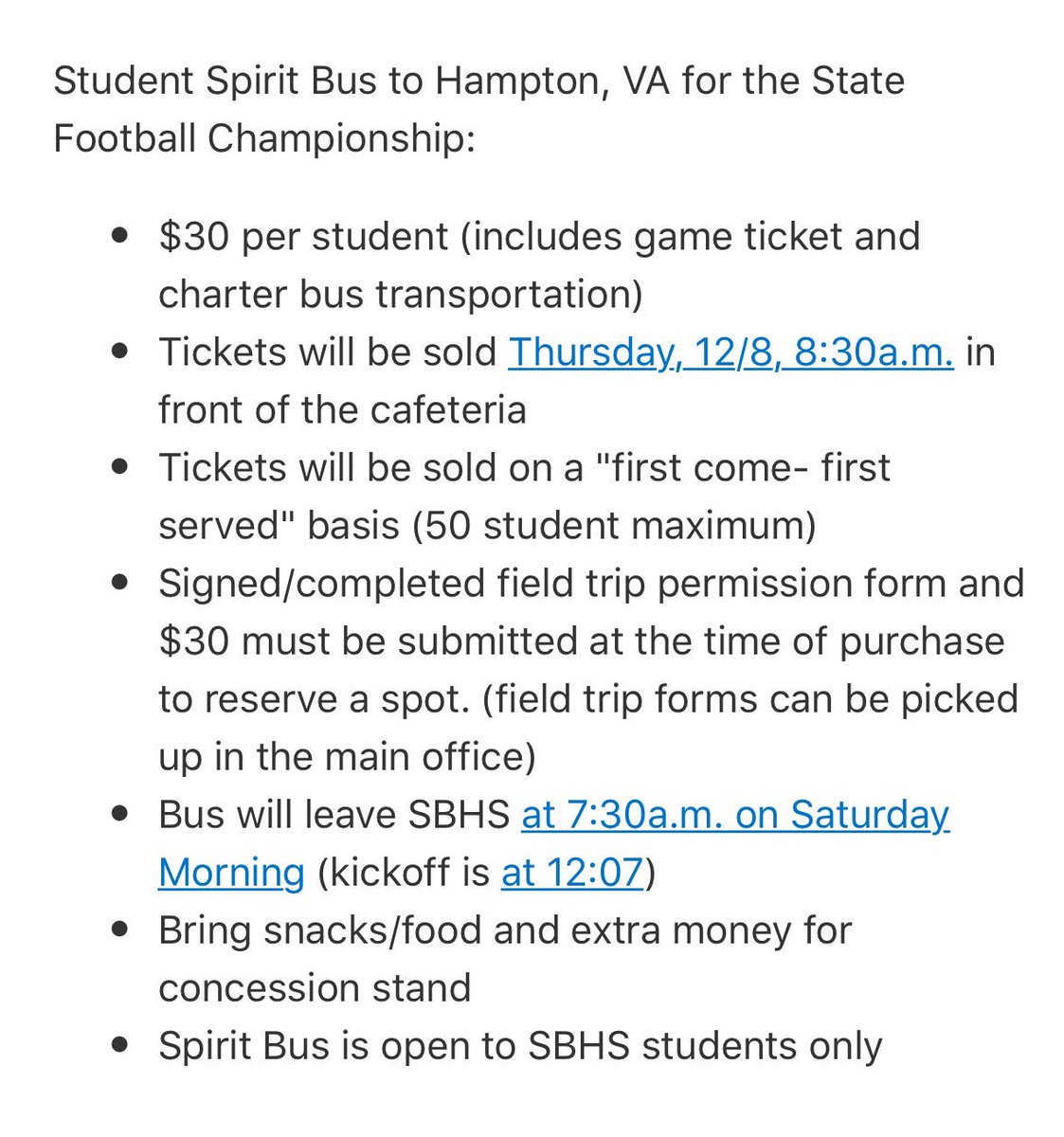 sbhssca's tweet photo. Don't forget to get your spirit bus tickets for Saturday's big game! https://t.co/42h59rObQ9
