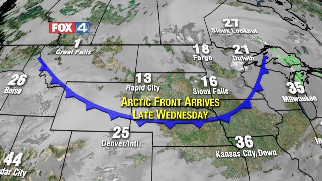 First cold front came through earlier today, but the Arctic front is still several hundred miles North.