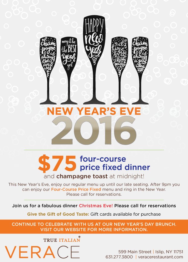 VeraceIslip's tweet photo. Join us for a TRUE ITALIAN NEW YEARS EVE on Sat, Dec31st! Enjoy a Four Course Price Fixed Dinner for $75 and a champagne toast at midnight!🍾 https://t.co/e2eYGUtSwS