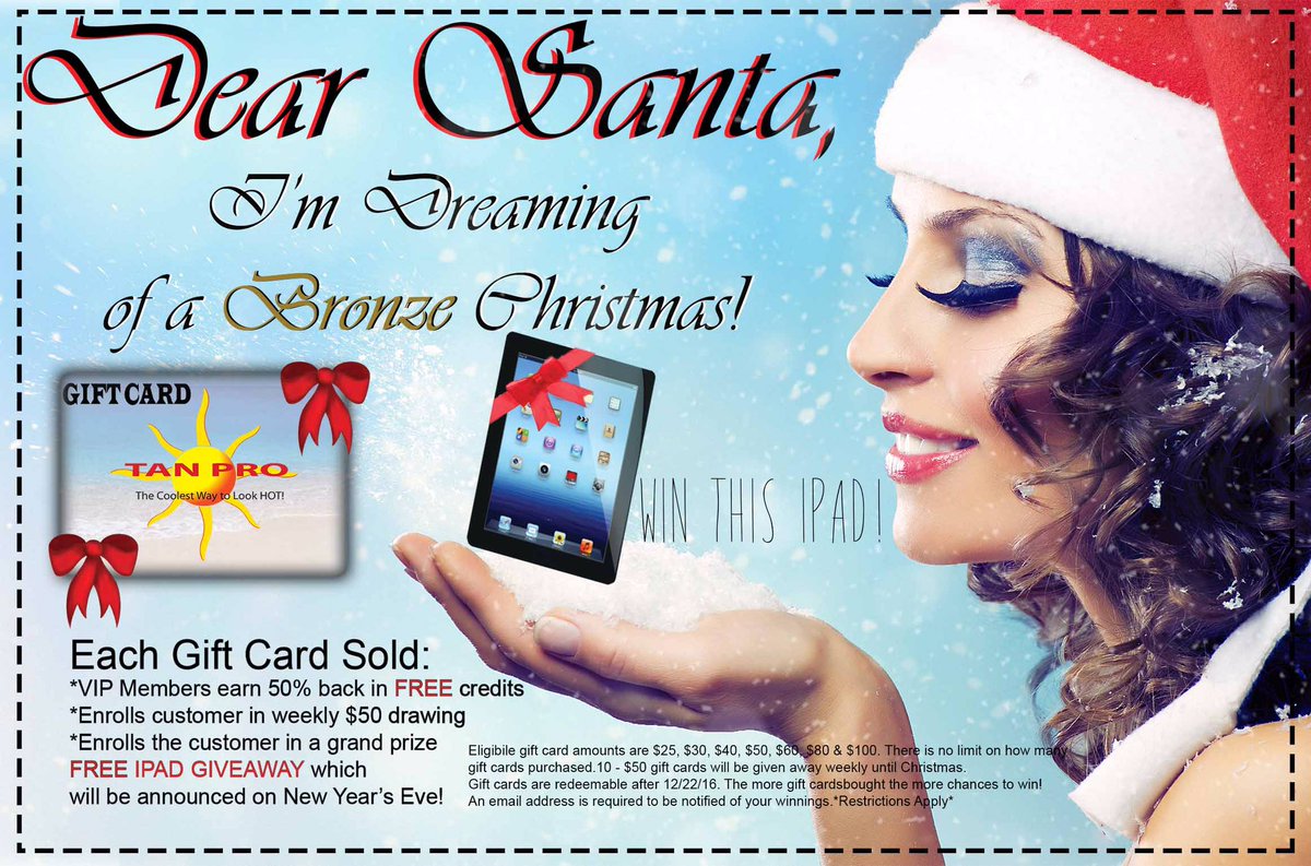 TanProUSA's tweet photo. #TanPro #ChristmasSale:#buy a gift card for #friends & #family & enter to #win a #FREE IPAD & weekly gift card #giveaways!restrictions apply https://t.co/68tIAPp7aj
