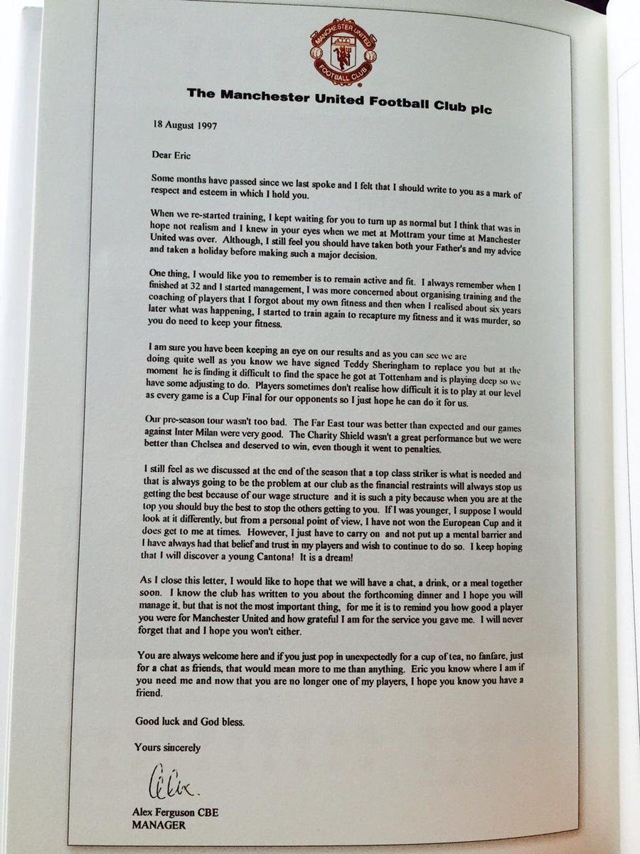 FootballCVLTURE's tweet image. Sir Alex Ferguson sent Eric Cantona this letter after he retired at 32 in 1997. Read it all no matter who you support, what a manager!