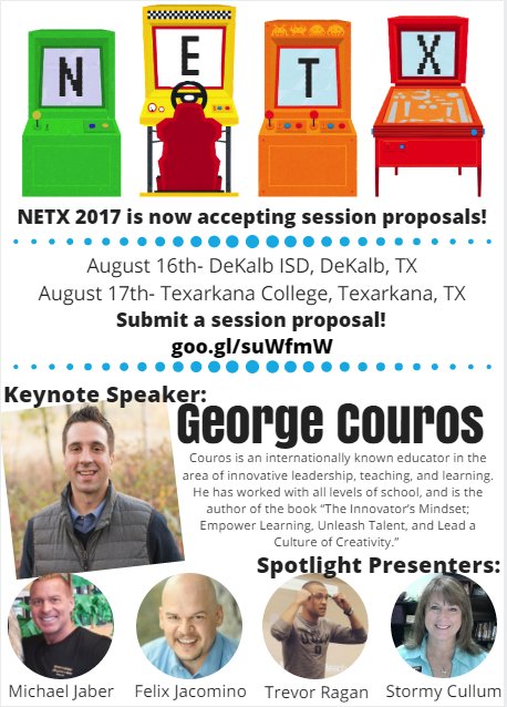 edtech_savvy's tweet image. Ya'll!! We couldn't be more excited about this! Sign up to present today at #NETX17 :)