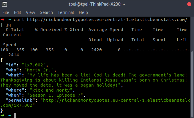 t_s_pei's tweet photo. I made a #rickAndMorty quotes API in #ruby!
https://t.co/FPyzMlJ0Ky
#wubbalubbadubdub, amiright?
https://t.co/d5uaOvLaab
@RickandMorty https://t.co/fxVBmN95uW