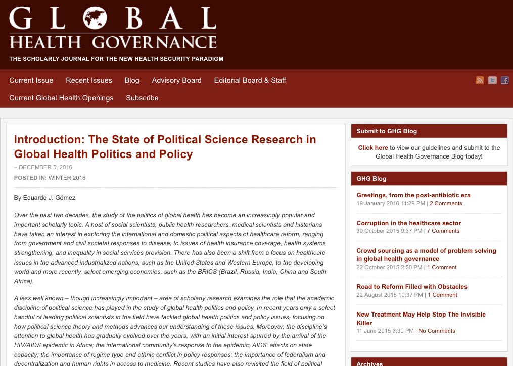 evelynedeleeuw's tweet image. A special issue of @GlobalHealthGov looks at #HealthPoliticalScience. global.oup.com/academic/produ…