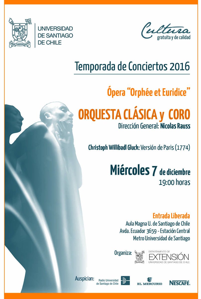 Ópera Orfeo y Eurídice interpretada por <a href="/OrquestaUSACH/">Orquesta Usach</a>, Coro Usach y Cía Mimo Corpus Movens  🎼🎻

Miércoles 7 / 19 hrs / Aula magna Usach