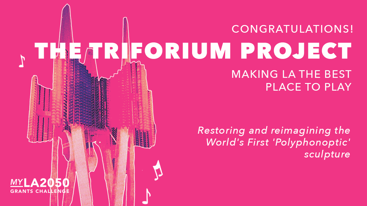 LA2050's tweet photo. Congrats @TriforiumLA on winning #MyLA2050 grant! Their project will restore and reactivate an old DTLA landmark. Excited to #lightupLA! https://t.co/r1fmWQNprS