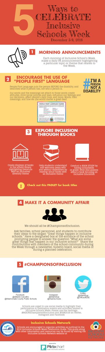 sldInclusion's tweet photo. Don't know what to do for Inclusive Schools Week?? Click to see 5 easy ways to celebrate #ISW2016 ! Let's all be #MDCPSChampionsofInclusion! https://t.co/C7XPnsTQxY