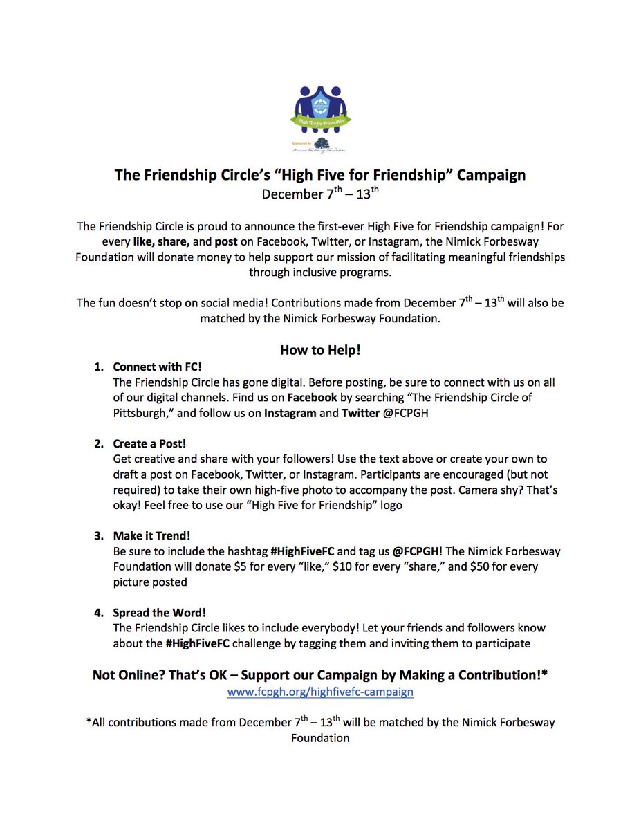 .<a href="/fcpgh/">Friendship Circle</a> is partnering with <a href="/NimickForbesway/">Nimick Forbesway Fdn</a> to present the first-ever #HighFiveFC challenge! fcpgh.com/highfivefc-cam…