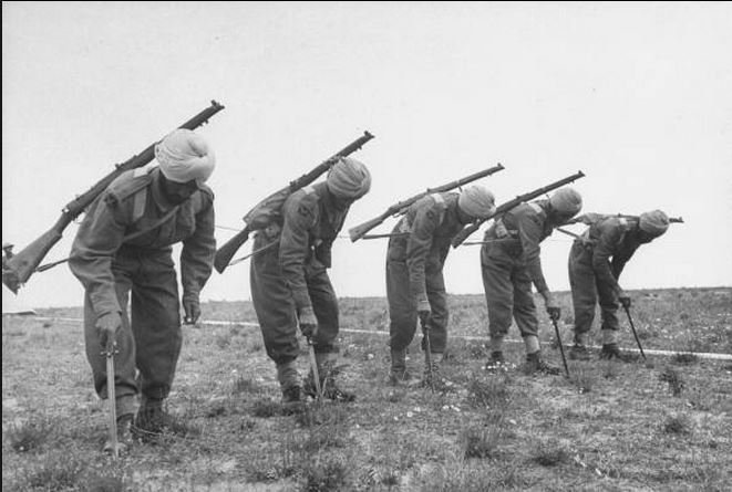 Indian sappers working to clear a German minefield in 1943
Look carefully - they're actually using their bayonets to prod for mines!