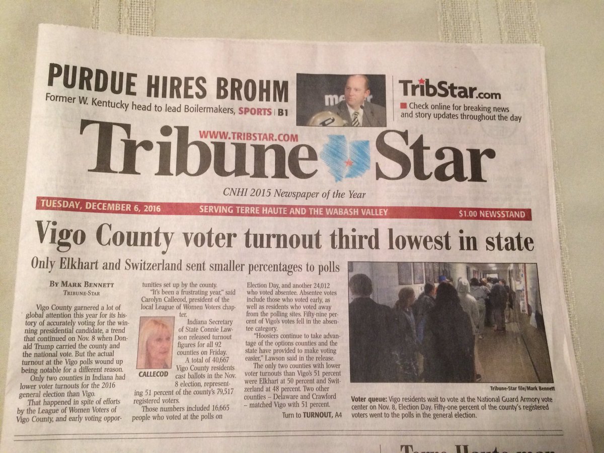 seth_biggs5's tweet photo. The Tribune Star of Terre Haute reports that "Vigo County voter turnout third lowest in the state." 51% of registered voters voted #pcc2016 https://t.co/6SOhvdEQd8