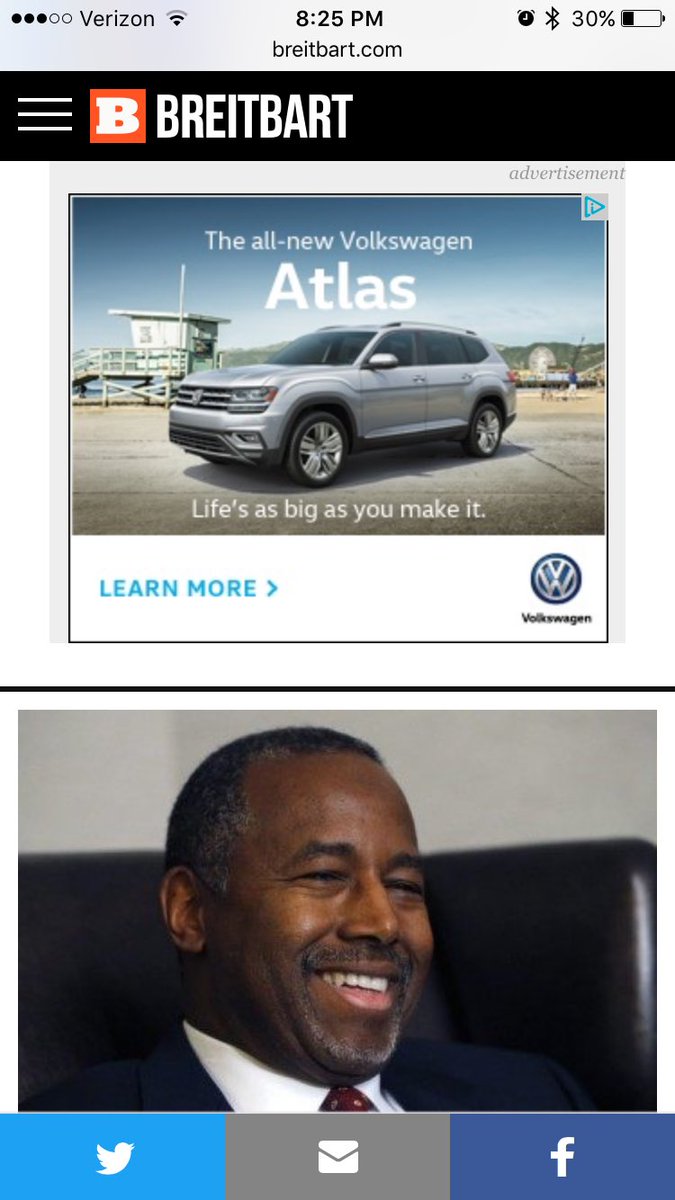rmoh's tweet photo. @VW if you didn't know, your ads are on Breitbart 😢 may now reconsider my Atlas purchase.  @slpng_giants https://t.co/kG9cpYjTZR