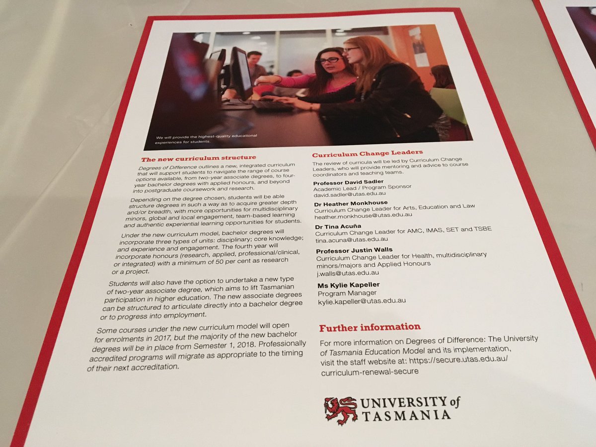KiftSally's tweet photo. @UTAS_ new curriculum model - Degrees of Difference. Really like 2 yr Associate Degrees option to lift Tas participation in HE. #utastm16 https://t.co/ixN2f5B1iW