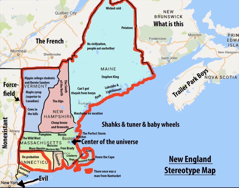 ProblemsMa's tweet image. Accurate New England stereotype map #CenteroftheUniverse #MassachusettsProblems