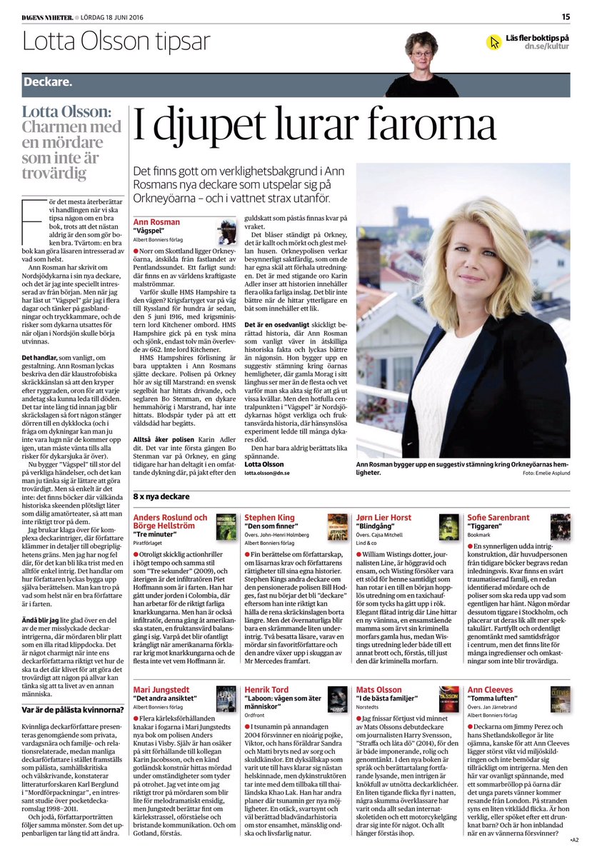 ANNROSMAN's tweet photo. Vågspel som av DNs Lotta Olsson utsågs till årets bästa deckare. Jag lever på det ett tag till! Vill ni läsa recensionen igen? Kommer här! https://t.co/4fGWuMKUnj