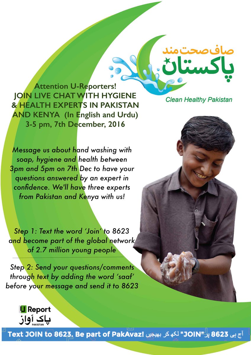 UNICEF_Pakistan's tweet photo. Live SMS chat today 3-5 pm on #handwashing w/ soap. Chat with our health &amp; hygiene experts from Pakistan &amp; Kenya by simply texting at 8623. https://t.co/HpCR8LjdJm